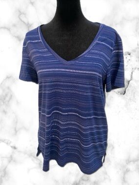 Eddie Bauer Navy Blue Striped V-Neck Short Sleeve Top